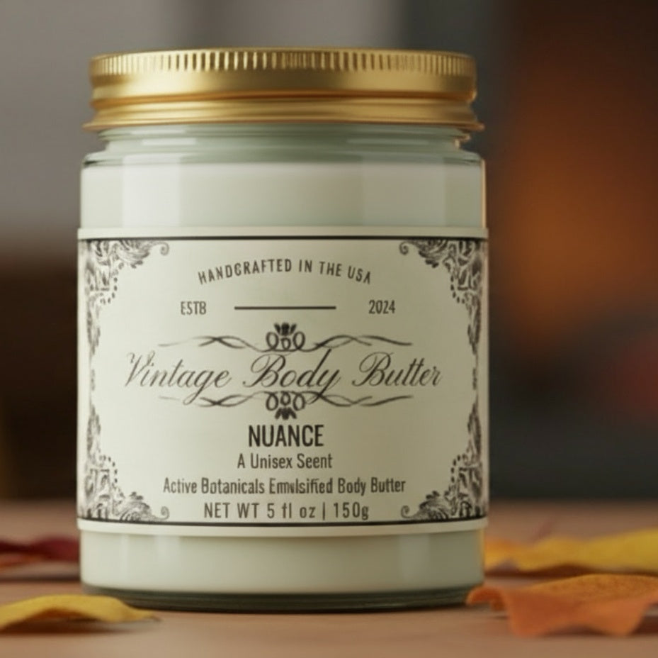 Vintage body butter in jar for sensitive skin, luxury botanical skincare for deep hydration and moisturization.