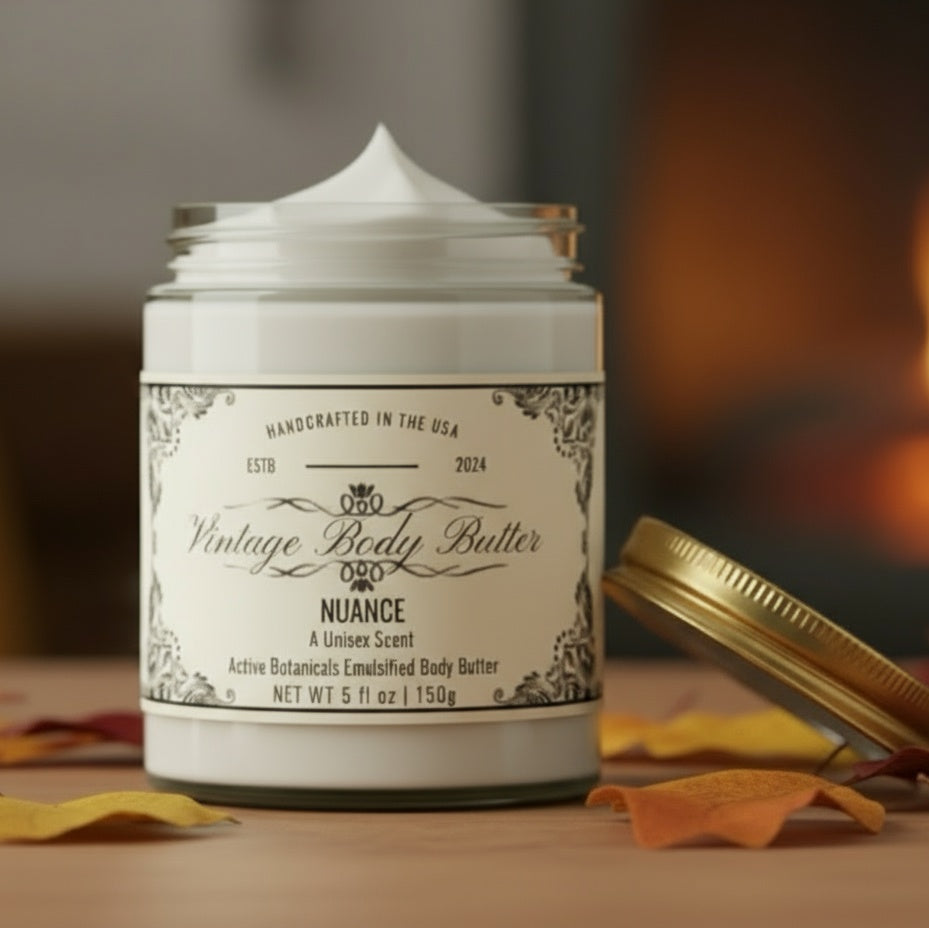 Vintage body butter jar for sensitive skin, handcrafted with natural ingredients for deep hydration and luxury skincare.