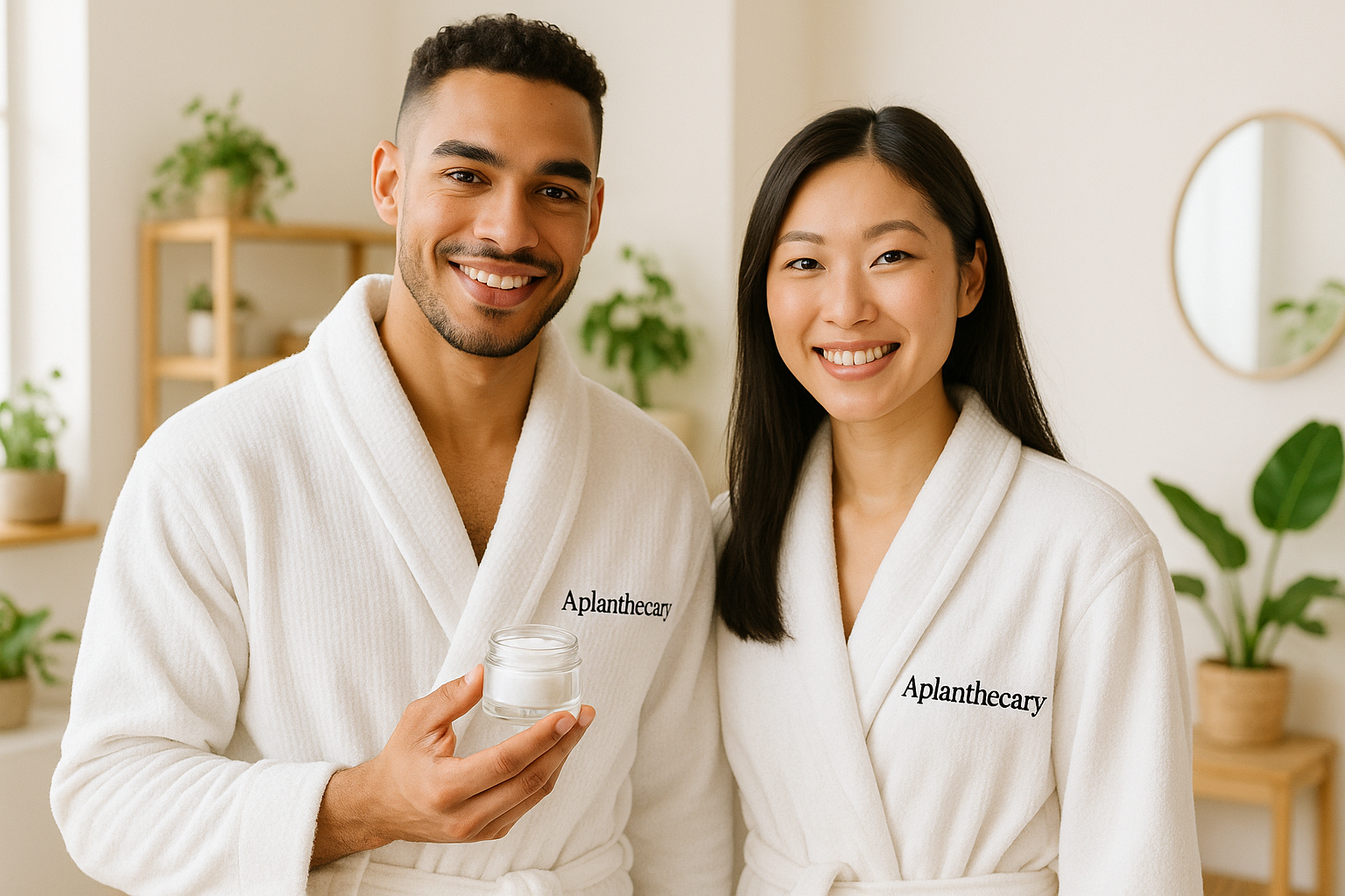 Two smiling individuals showcasing luxury plant-based body butter in a serene botanical setting.