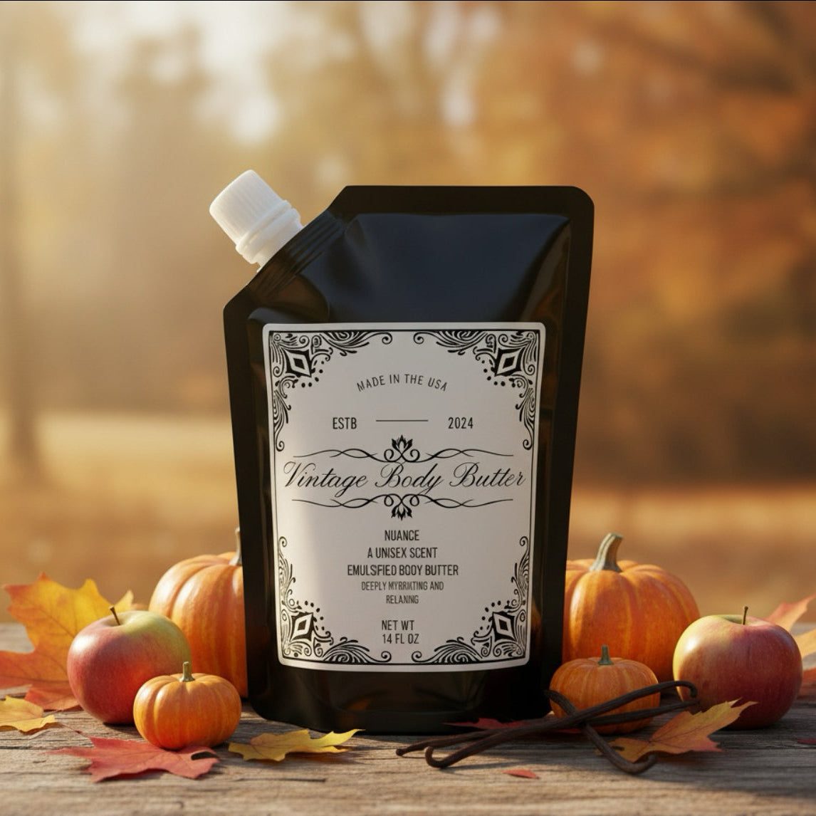 Vintage Body Butter Refill Pouch with Nuance scent surrounded by autumn leaves and pumpkins.