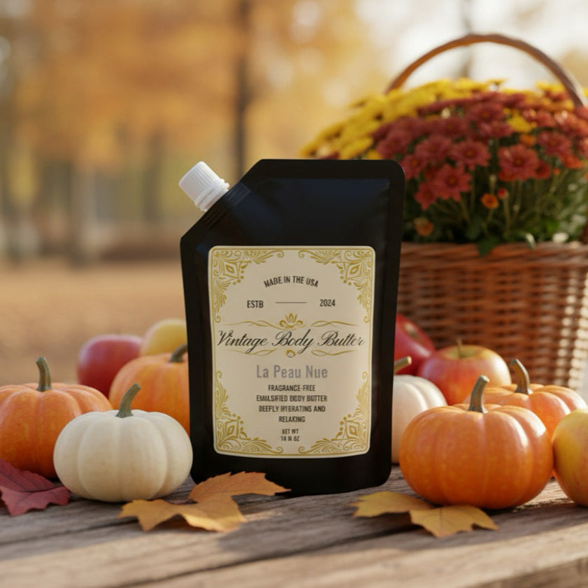 Vintage Body Butter Refill Pouch in fall setting