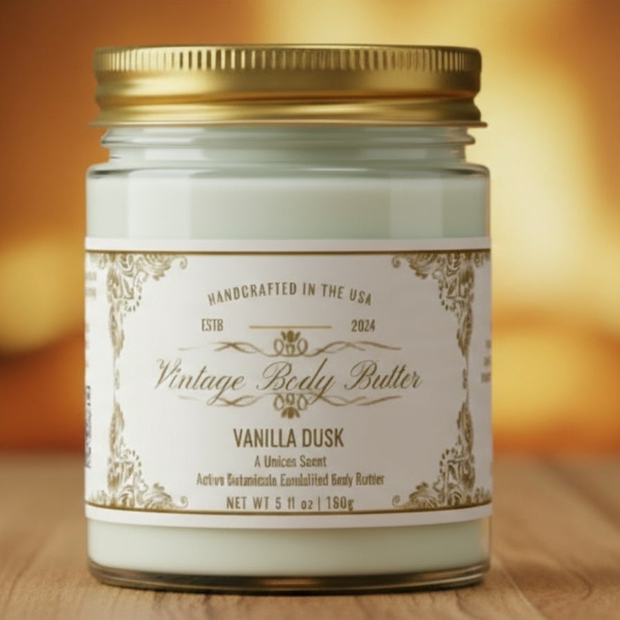 Vintage body butter jar for sensitive skin, handcrafted luxury, natural skincare, cruelty-free, artisan body care.
