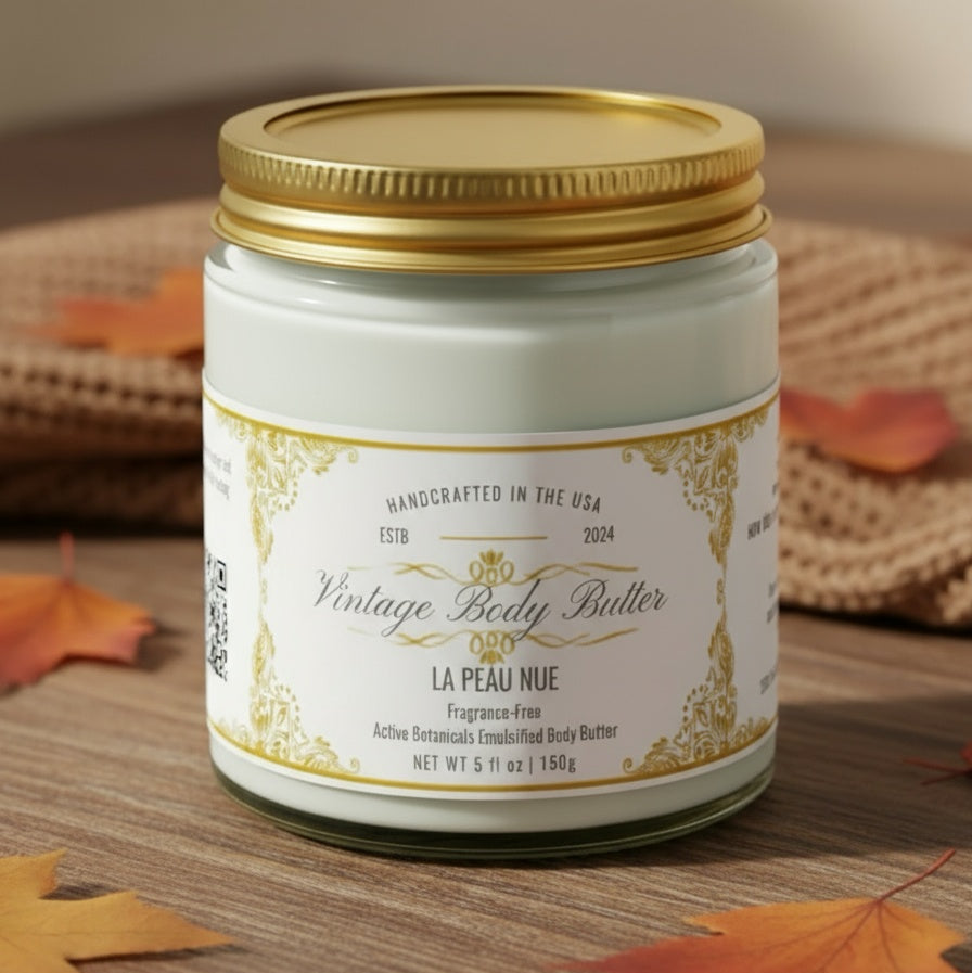 Vintage body butter for sensitive skin, fragrance-free, handcrafted with active botanicals in a luxury design.