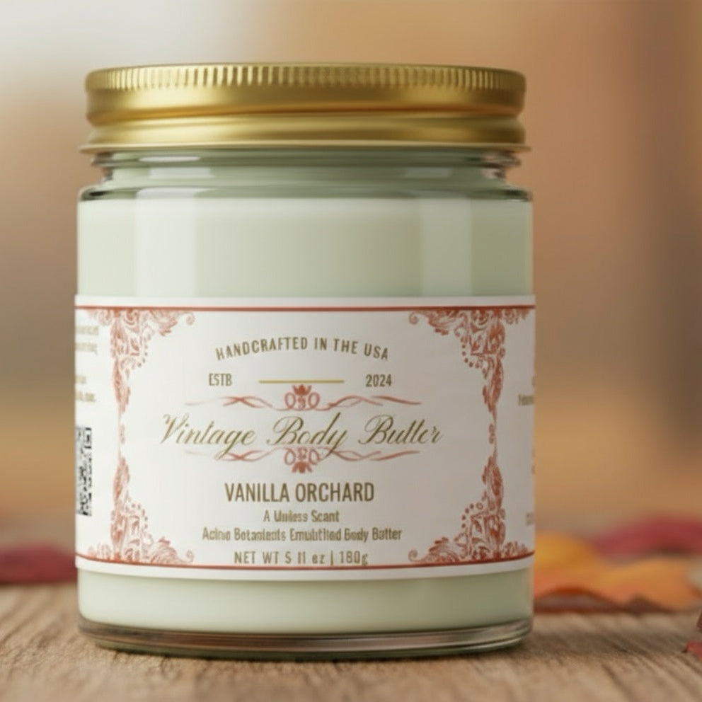 Vintage Vanilla Orchard Body Butter for deep hydration and sensitive skin. Artisan, plant-based, and fragrance-free skincare.