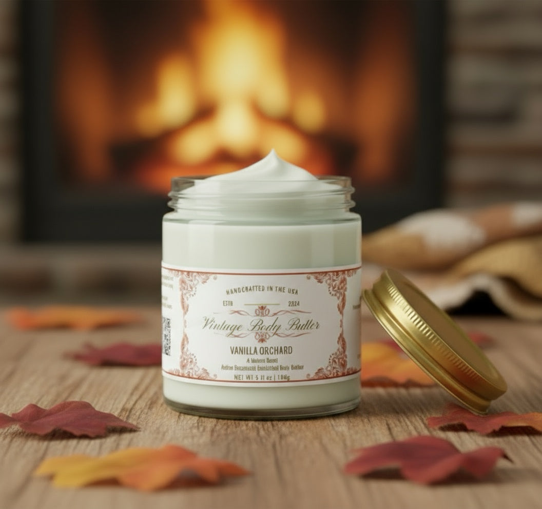Vintage body butter in jar, luxurious and creamy, perfect for sensitive skin and deep hydration, next to autumn leaves.