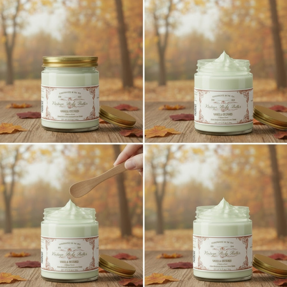 Artisan vintage body butter with natural ingredients for sensitive skin in a serene autumn setting.