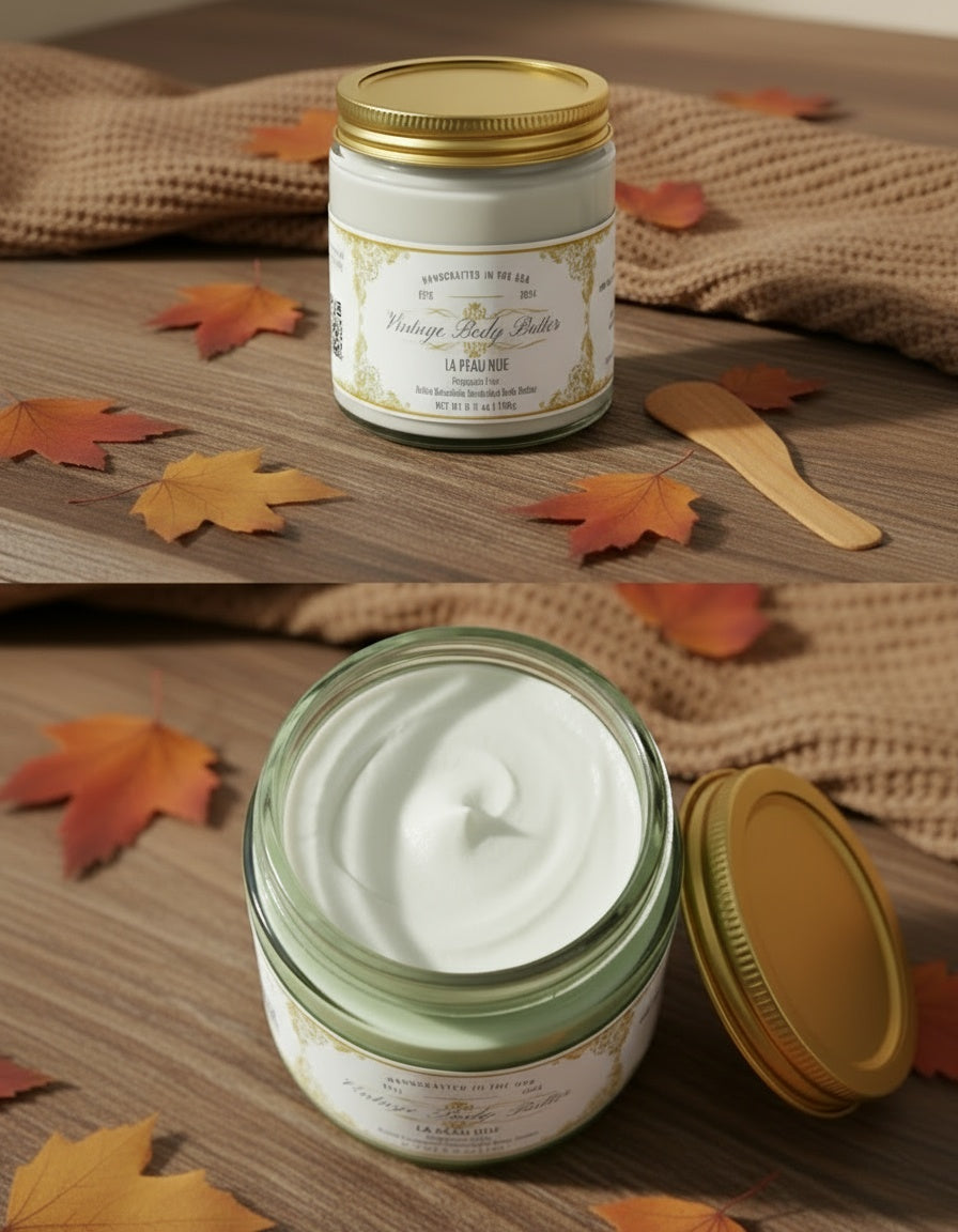 Vintage plant based body butter in jar, showcasing creamy texture, perfect for moisturizing sensitive skin and luxury body care.