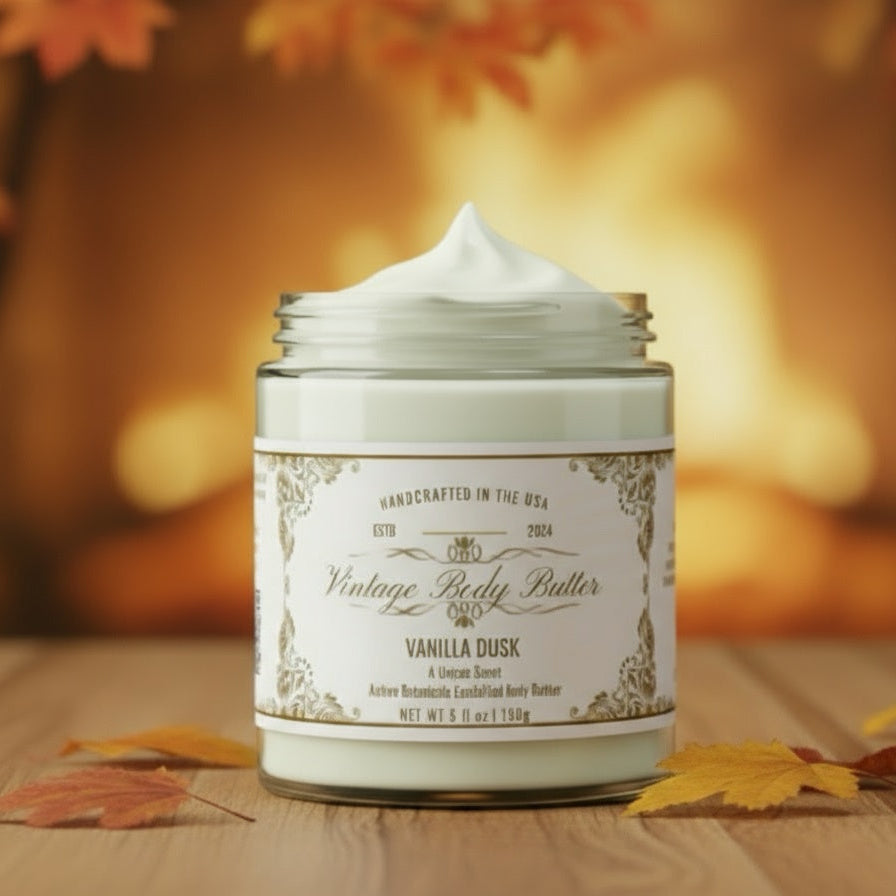 Luxury vintage body butter in a jar, fragrance free, vegan, botanical skincare for deep hydration and sensitive skin.
