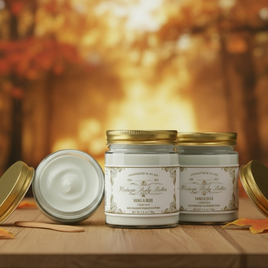 Vintage plant-based body butter jars for dry skin, featuring vanilla scent and artisan design in a botanical setting.