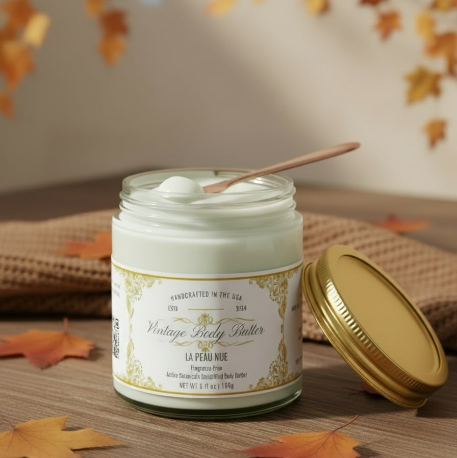Vintage body butter in a jar, perfect for sensitive skin. Luxurious and moisturizing plant-based skincare.