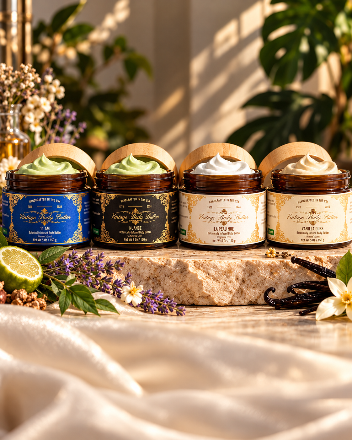 AplantheCary's four body butters in a warm botanical setting