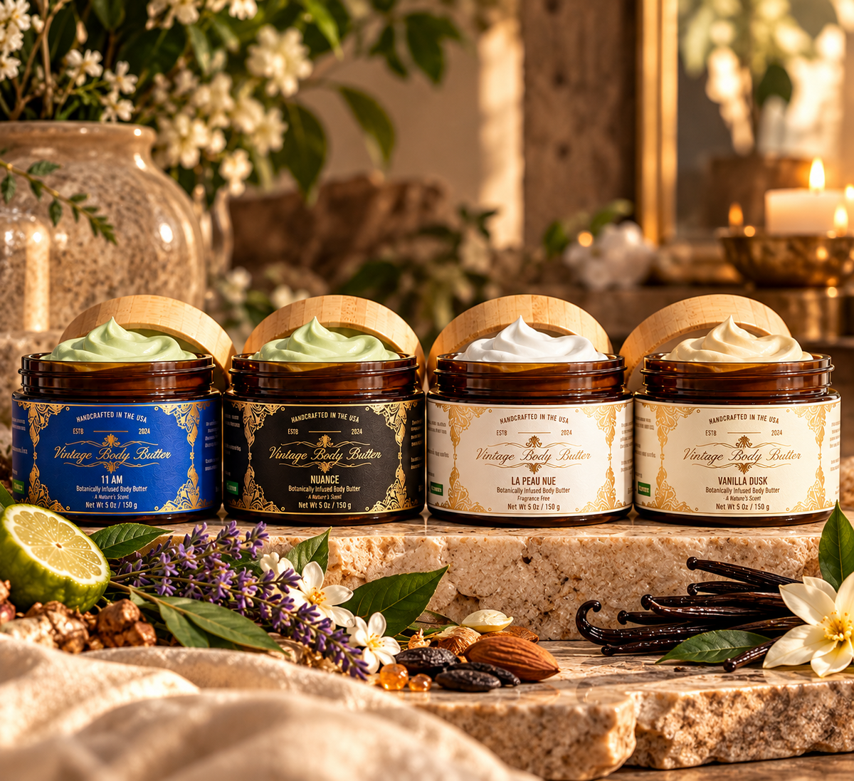 11 AM, Nuance, La Peau Nue and Vanilla Dusk body butters with botanical accents