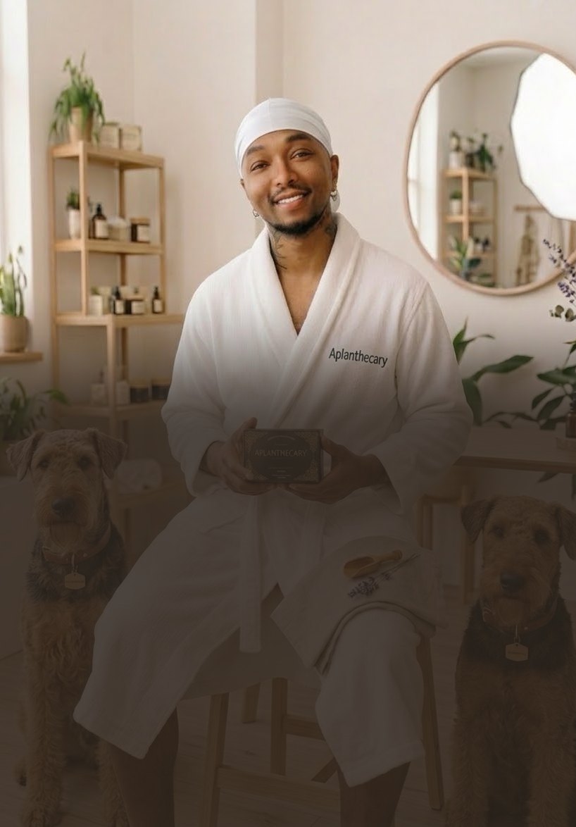 Jujhar Negrron, founder of Aplanthecary, with his two Airedale terriers (mobile hero crop)