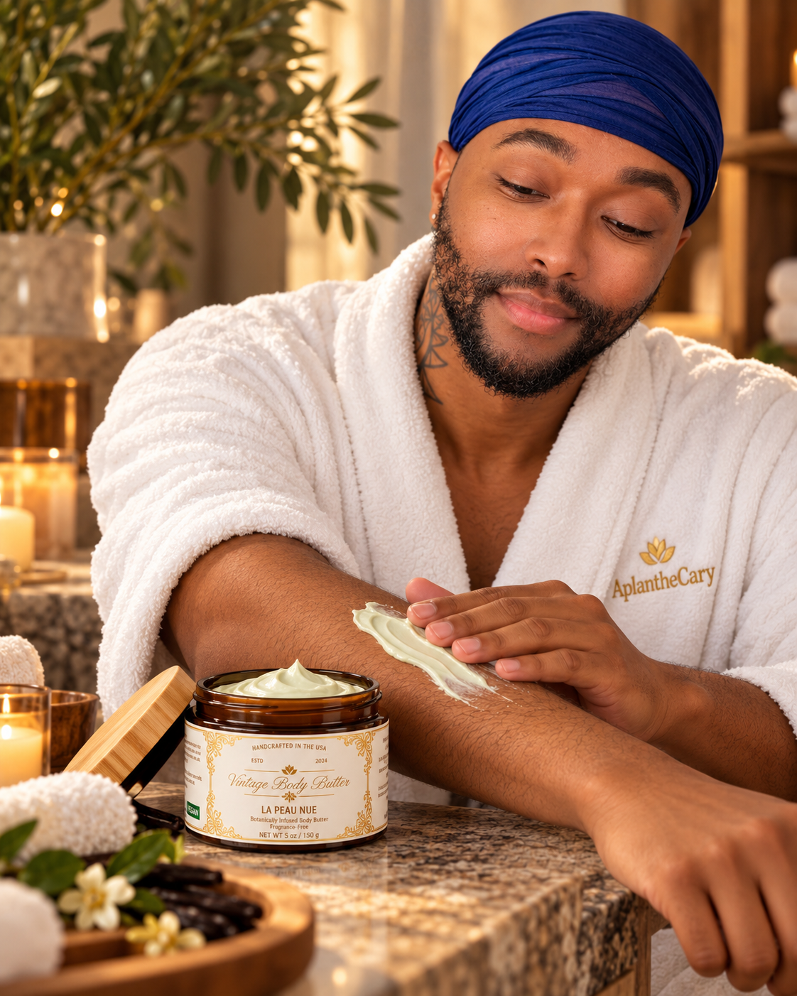AplantheCary founder applying La Peau Nue fragrance-free body butter