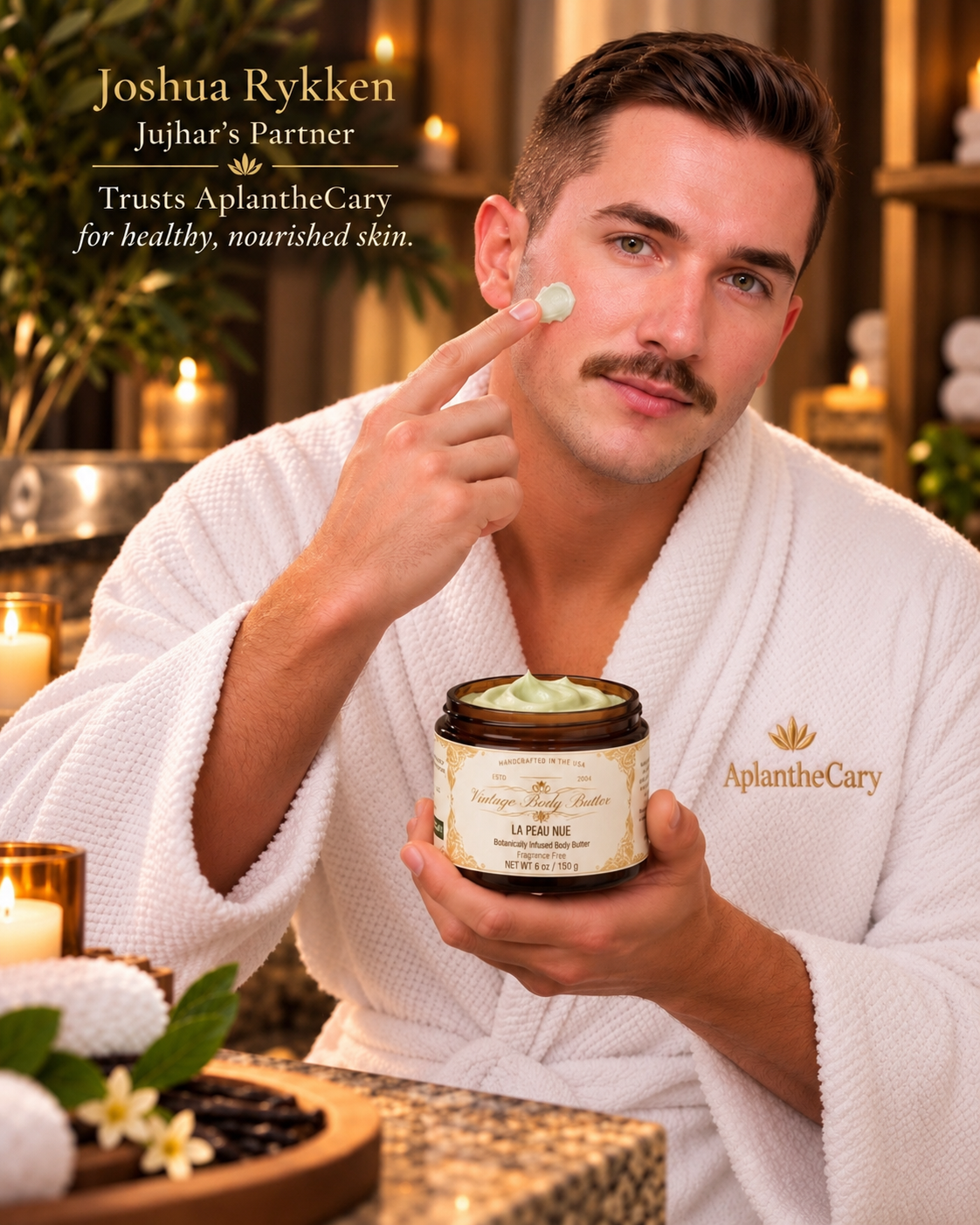 Joshua Rykken, Jujhar’s partner, holding an AplantheCary body butter jar.