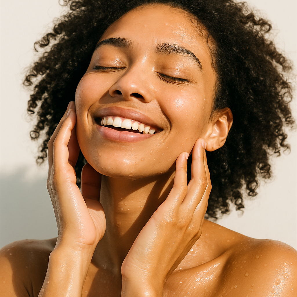 Smiling woman showcasing natural skincare glow