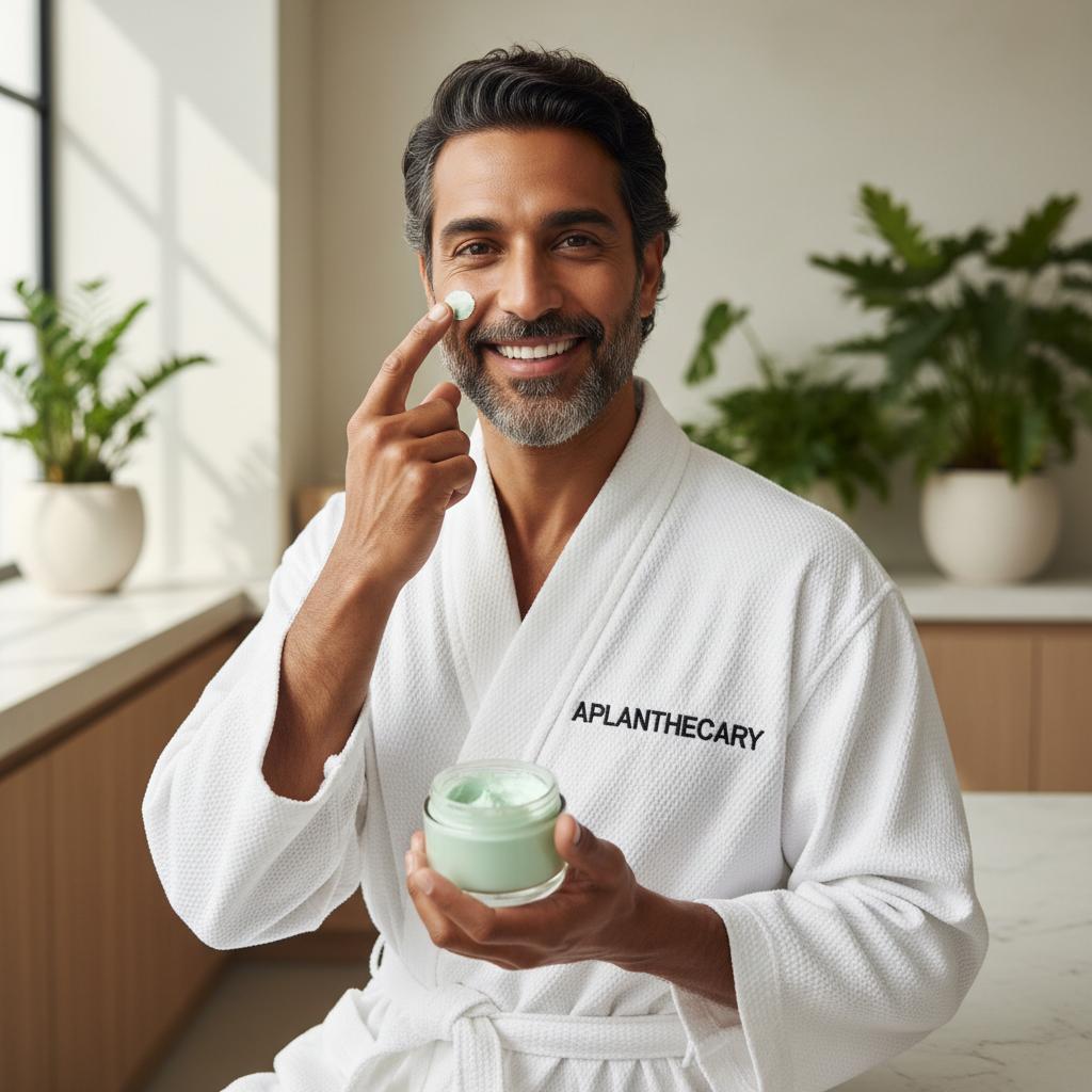 Man applying plant based body butter in luxury skincare routine.